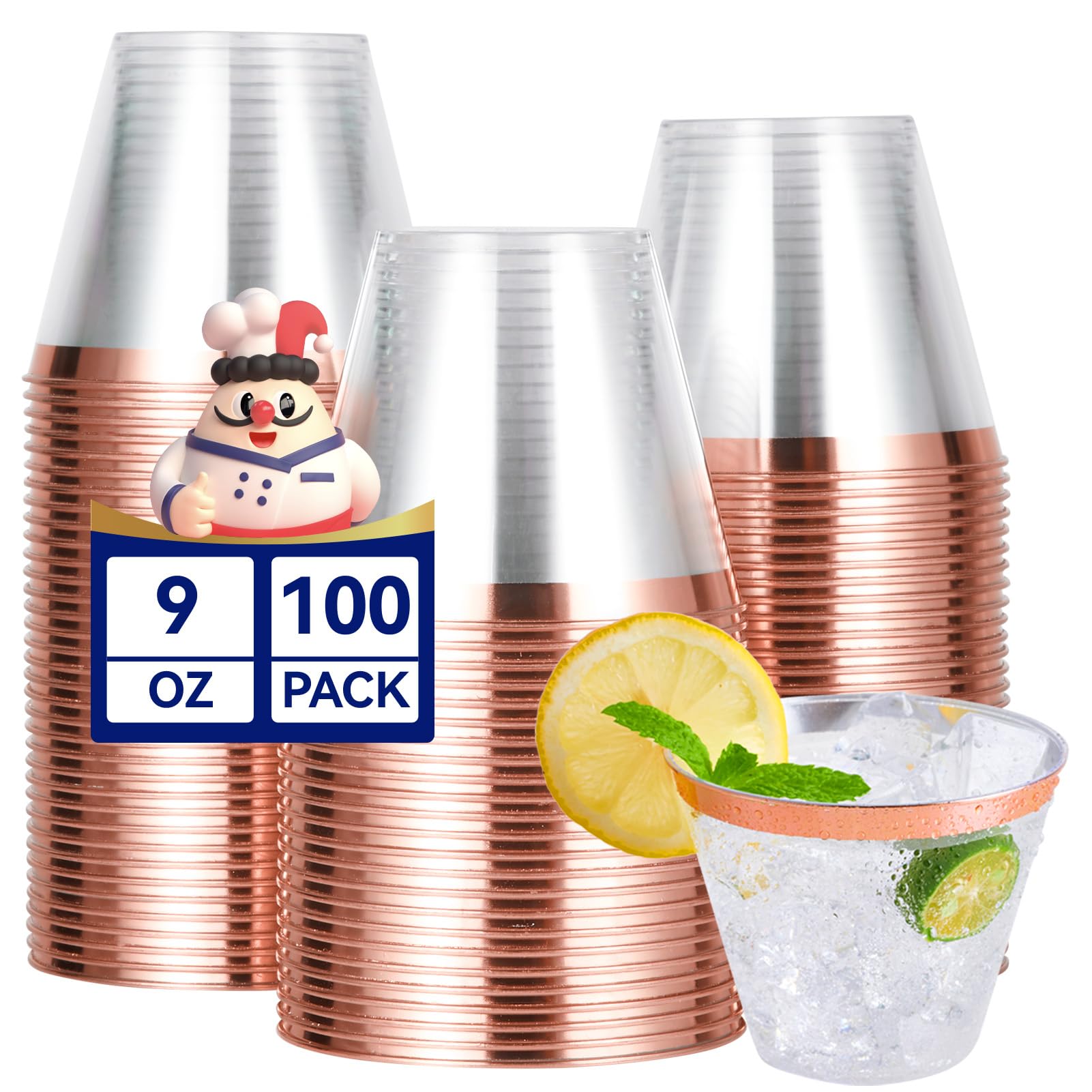Photo 1 of ***PARTIAL SET/ MISSING PIECES*** JOLLY CHEF 100 Pack Rose Gold Plastic Cups, 9 oz Clear Plastic Tumblers, Elegant Rose Gold Rimmed Cups, Disposable Glasses for Wedding, Thanksgiving Day, Christmas Party