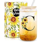 Frerdui Birthday Gifts for Women, Initial Glass Cups w Lids and Straws, Sunflower Gift for Women, Personalized Gift, 16oz Glass Tumbler Cups W/Straw Lid, Monogrammed Birthday Gifts for Her Mom -C