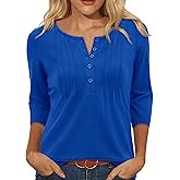 Uhiger Henley Shirts for Women Button Down 3/4 Sleeve Tops Pleated V Neck Blouses Dressy Casual Basic Tunic Trendy Outfits