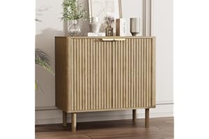 IKALIFE Sideboard Buffet Cabinet with Storage, Modern Fluted Accent Credenza with Doors & Adjustable Shelves, Wood Coffee Bar Console Table for Living Room, Dining Room, Kitchen or Entryway 31.5" Oak