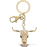 Aqua79 Longhorn Skull Keychain - Gold 3D Sparkling Charm Rhinestones Fashionable Stylish Metal Alloy Durable Key Ring Bling Crystal Jewelry Accessory With Clasp