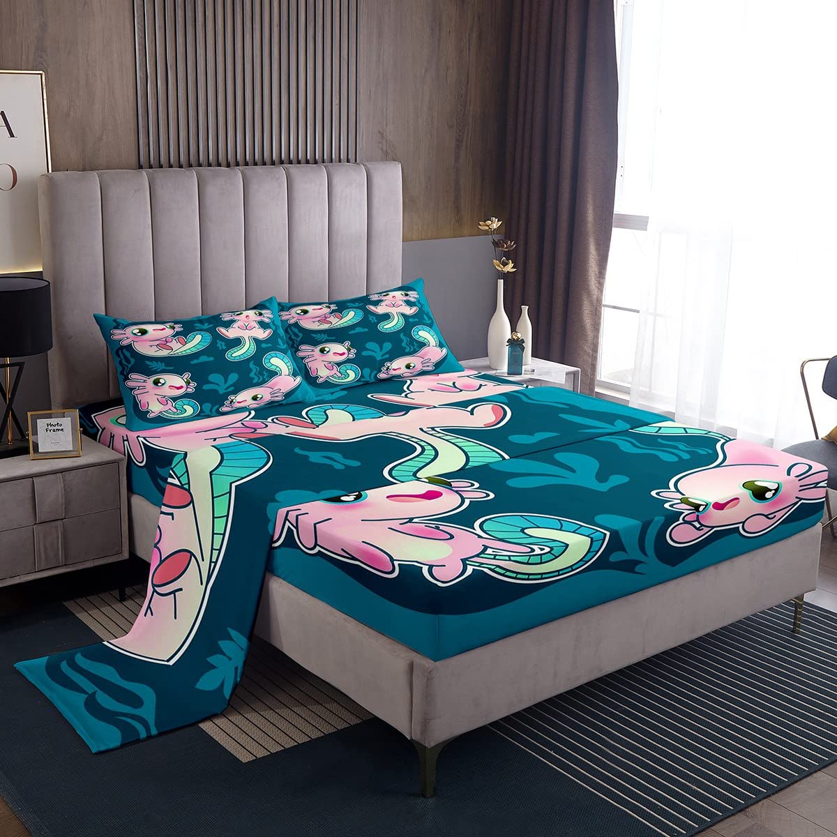 Kawaii Axolotl Bed Sheets Cartoon Axolotl Bedding Sheet 3D Animals Bedding Set for Boys Girls Children Salamander Bed Sheet Set Single Size