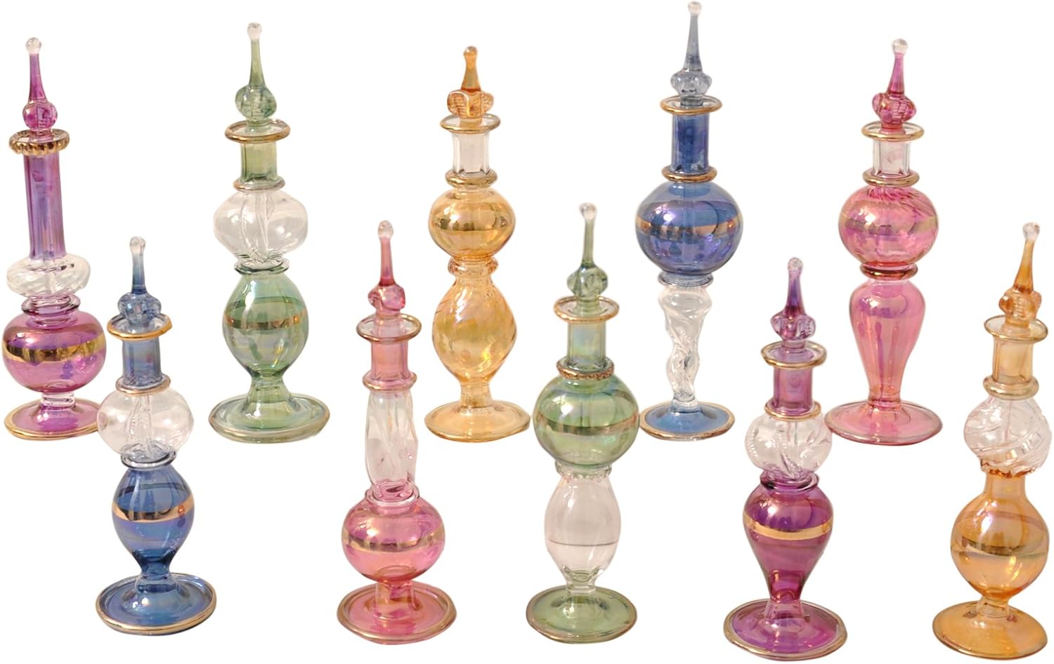 CraftsOfEgypt Egyptian Perfume Bottles Set of 10 Hand Blown Decorative Pyrex Glass Vials Height 4 Inch (12 cm)