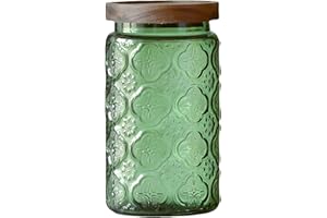 ANSQU Vintage Glass Storage Container, Green Glass Jar with Solid Wood Lid, 34 FL OZ Decorative Jar for Kitchen Storage Cabin