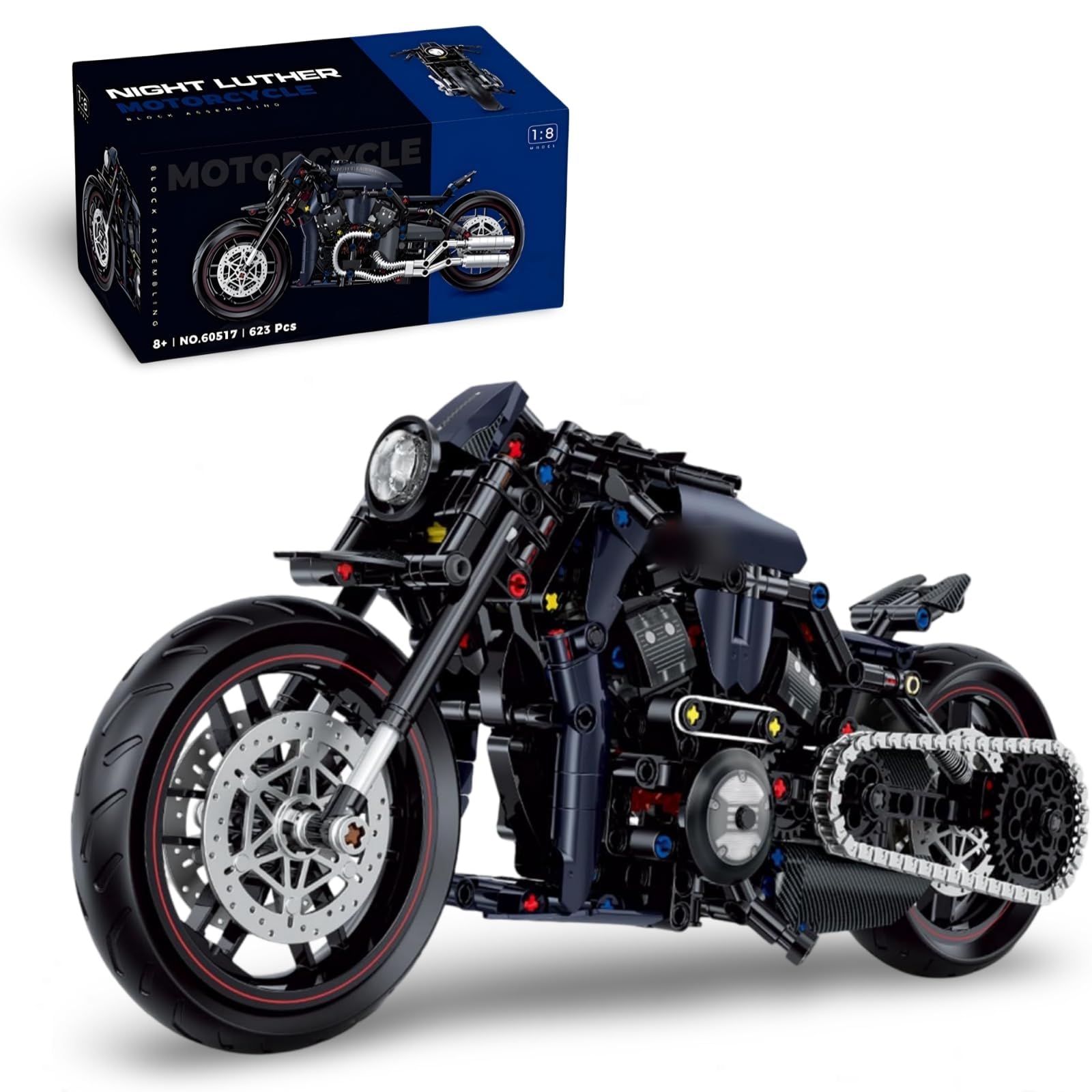 Ebortsin 1:8 Motorcycle Building Set for Adults, Night Luther Motorbike Building Blocks Toy, 623 PCS Motorbike Bricks Kit Model Home Office Decor, Gift for Adults and Motorcycle Lovers