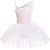 IDOPIP Girls Sequins Ruffle One Shoulder Ballet Dance Dress Tutu Skirted Leotard Ballerina Dancewear Costume for Toddler Kids