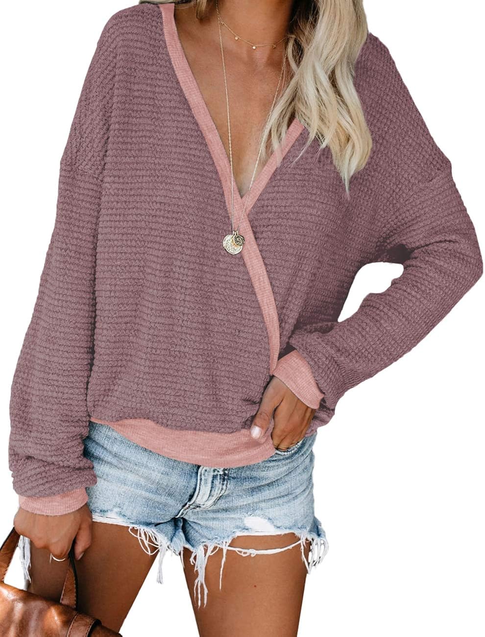 Deep V Neck Sweaters for Women Long Sleeve Low Cut Tops Fashion Winter