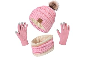 YSENSE WEAR Womens Winter Hat Scarf Glove Set, Warm Fleece Lined Pom Beanie Hat Neck Warmer and Touchscreen Gloves