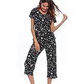 ENJOYNIGHT Womens Pajama Sets Cotton Pj Set Short Sleeve Top With Capri Pants Sleepwear 2 Piece Lounge Set