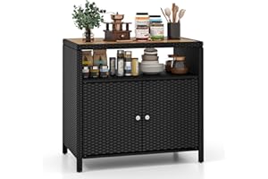 RELAX4LIFE Wicker Outdoor Bar Cabinet - PE Rattan Patio Bar Table w/Acacia Wood Countertop, Open Shelf & 2 Doors, Buffet Side