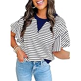 Women's Summer Striped Ruffle Short Sleeve Tops Contrast Colorblock 2025 Round Neck Loose Fit Cute Casual Top Blouse