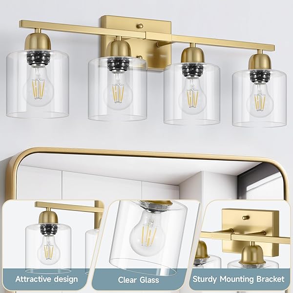 FAISHILAN MODERN BRUSHED GOLD 4 LIGHT BATHROOM LIGHT FIXTURES, 24 INCH VANITY LIGHTS FOR BATHROOM WITH CLEAR GLASS, BATHROOM VANITY LIGHT FOR MIRROR KITCHEN LIVING ROOM HALLWAY CABINET PORCH
