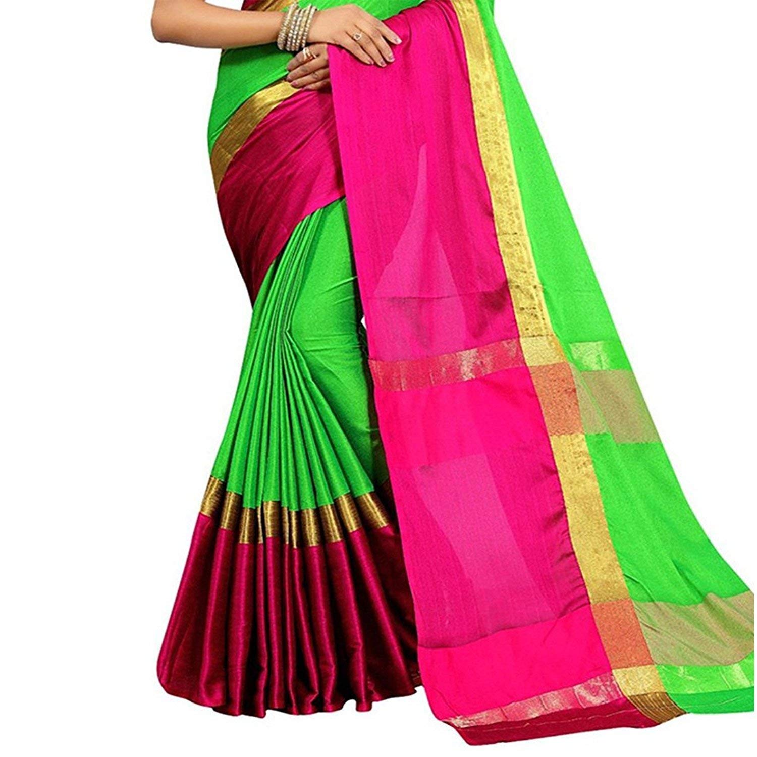 buyonn cotton silk solid saree(red green _free size)