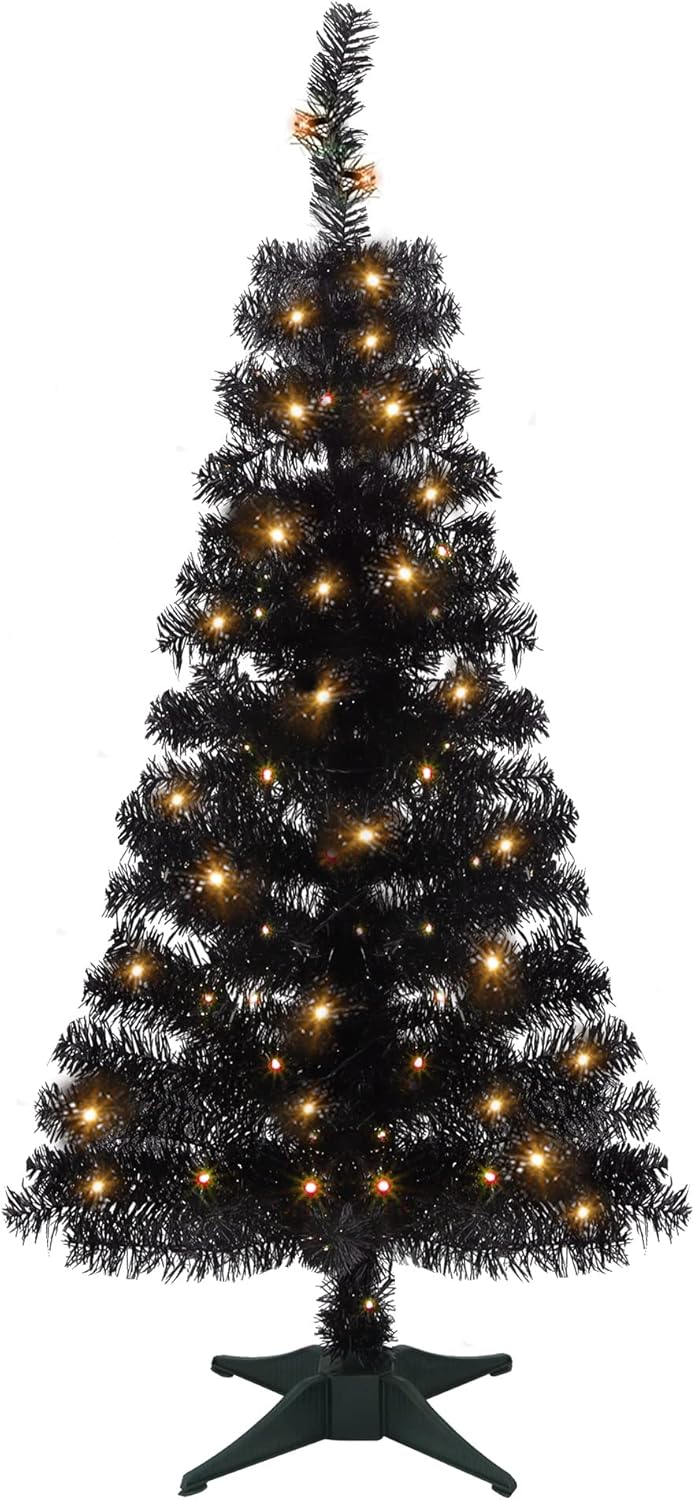 Trees - Juegoal Lighted Artificial Halloween Christmas Tree, Not Pre-lit 4 FT Black Tinsel Xmas Pine Trees, Light up with 70 LED Lights Battery Powered, 8 Modes & Timer for Home Office Party Decorations