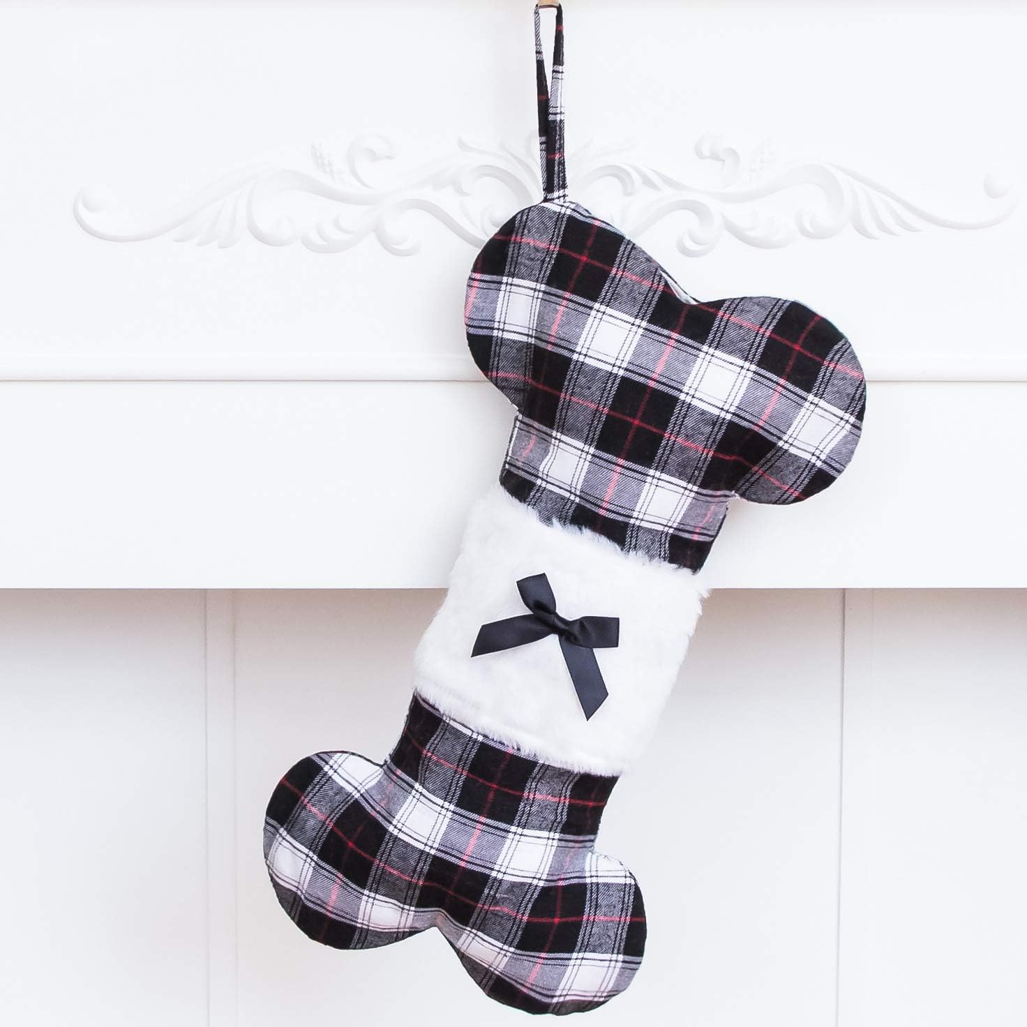 Stockings & Holders - Beyond Your Thoughts Linen Plaid Dog Bone Cartoon Holidays Christmas Stockings Jute Natural Burlap-16 inches x 8 inches 2# Black Check