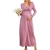 bidika Fall Maternity Maxi Dress Long Sleeve Wrap V Neck Baby Shower Pregnancy Dresses for Photoshoot Maternity Clothes