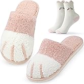 GOEWY Cat Paw Slippers and Fuzzy Cute Socks Gift Set for Women House Slippers with Memory Foam Warm Cozy Socks