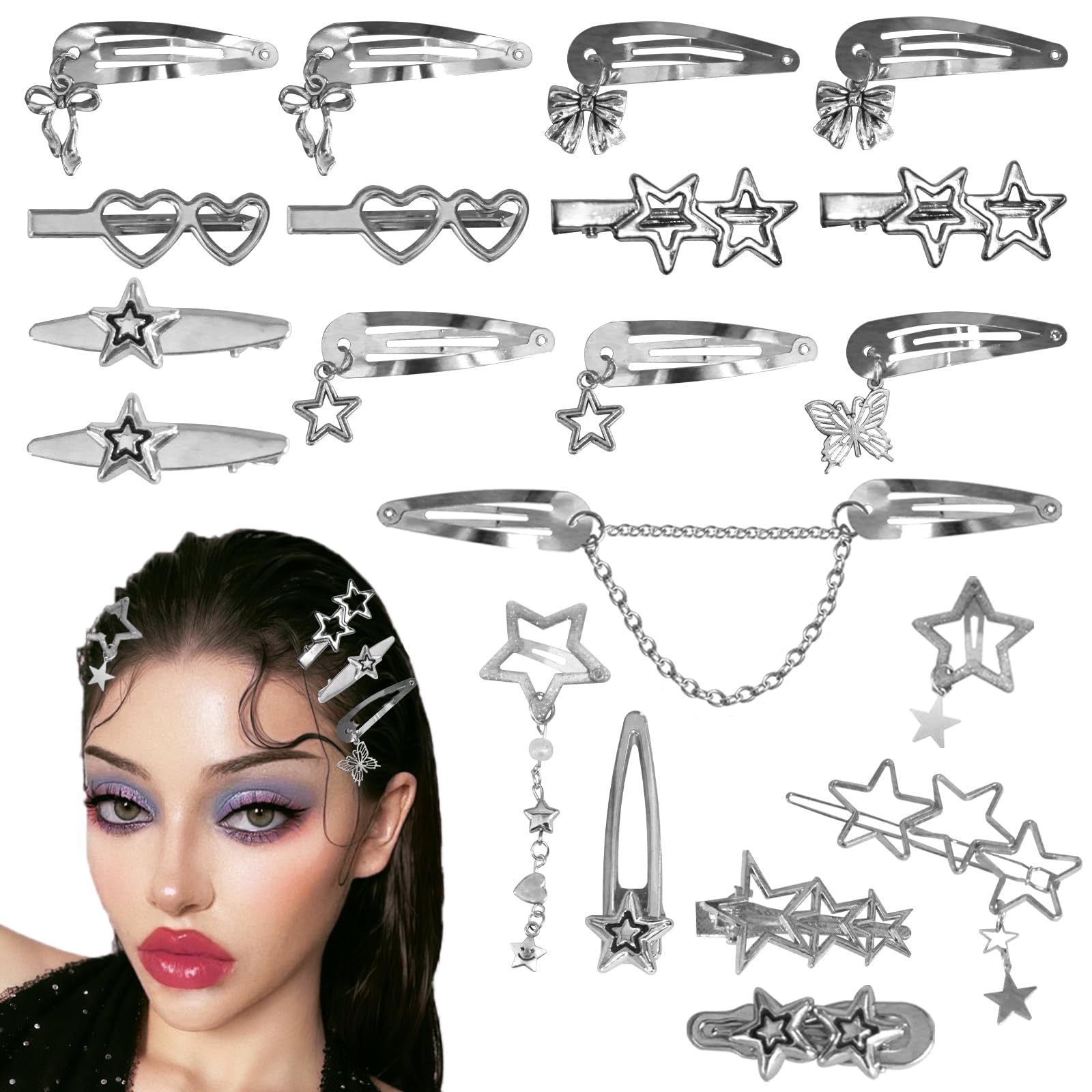 Photo 1 of 20Pcs Star Hair Accessories Y2K Silver Hair Clips 14 Shapes Metal Non-Slip Snap Barrettes for Girls 2000s Punk Kawaii Star Charm Hair Clips for Women(Silver B)