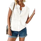 Saodimallsu Womens Short Cap Sleeve Sweater Vest Crochet Button Down Cardigans Crew Neck Summer Knit Tops