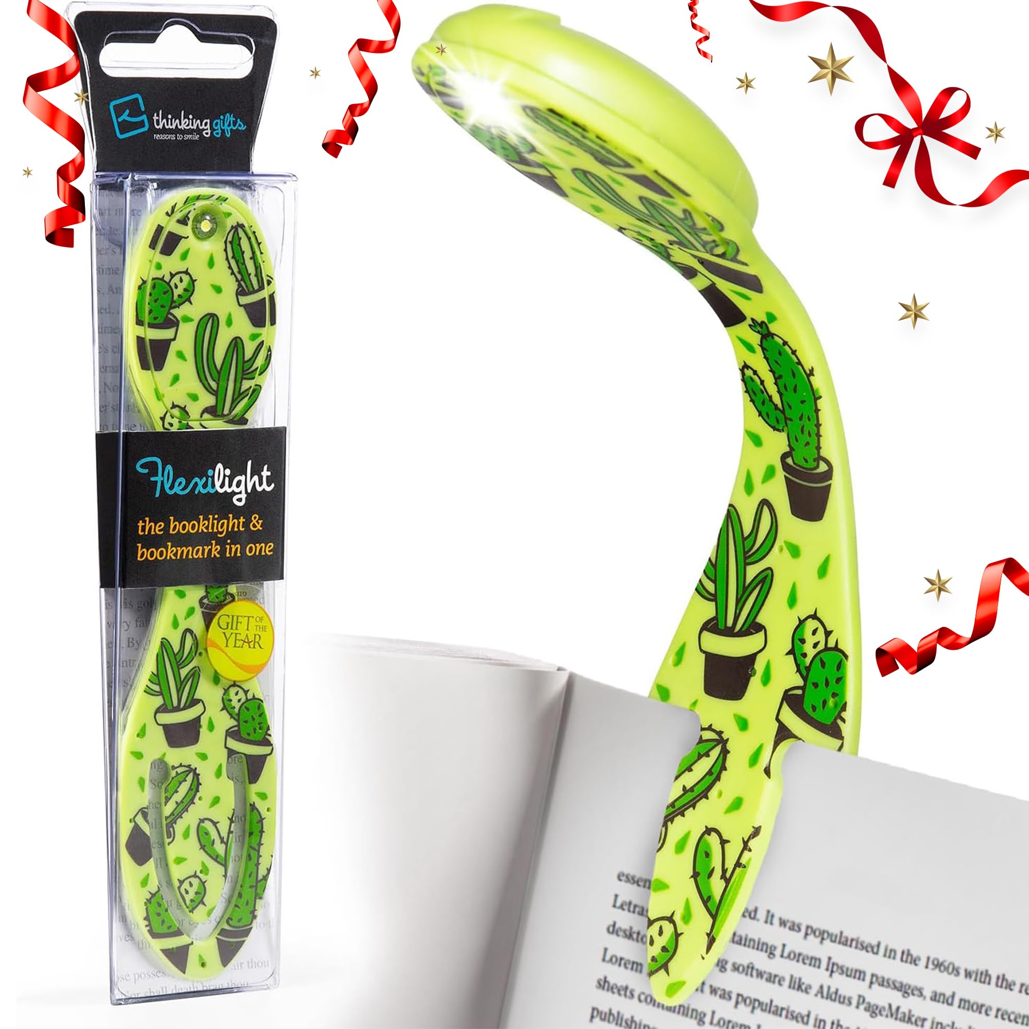 Gifts for Readers & Writers Book Light, Clip On Reading Light for Bed, 2in1 Flexilight & Bookmark, Small & Lightweight with a Soft Glow, 2 Batteries Included, Cactus