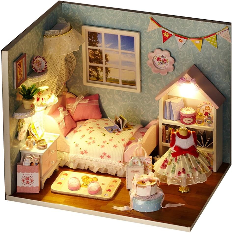 Lembeauty DIY Wooden DollHouse, Happy House Model Handcraft Miniature Kit with Dust Proof Cover