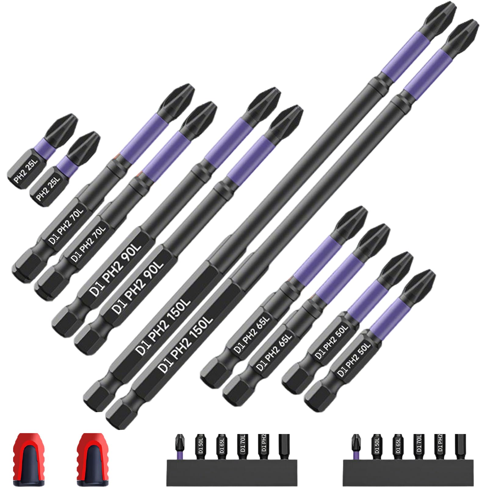 12 Pcs Ph2 Impact Driver Bits,Long Screwdriver Bits,Magnetic Screwdriver Bits + 2 Magnetizers,Heavy Duty Impact Driver Bit Set with Purple Oxide Coating(150mm,90mm,70mm,65mm,50mm,25mm)