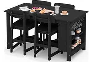 SERWALL Outdoor Bar Table and Chairs Set, 5-Piece HDPE Counter Height Patio Dining Sets with Storage and Wine Rack, Rectangular High Top Bar Table with 4 Bar Stools for Garden, Backyard, Black