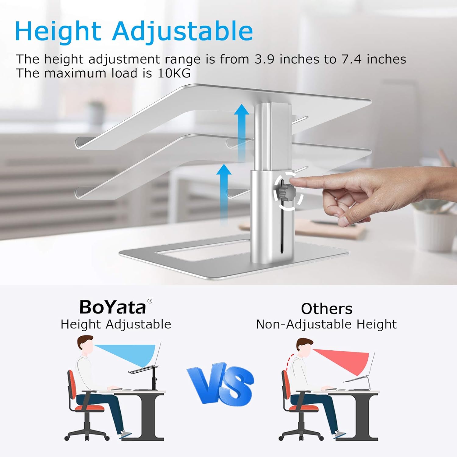 BoYata Laptop Stand, Height Adjustable Ventilated Laptop Holder, Notebook Stand Compatible with 10-17'' MacBook Pro/Air, Dell - Image 3