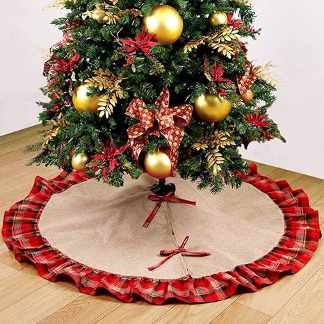 Deggodech Jute Leinen Weihnachtsbaum Rock 48zoll122cm Groß Weihnachtsbaumdecke Rot Und Schwarz Plaid Rüschen Weihnachtsbaum Röcke Ornaments Für