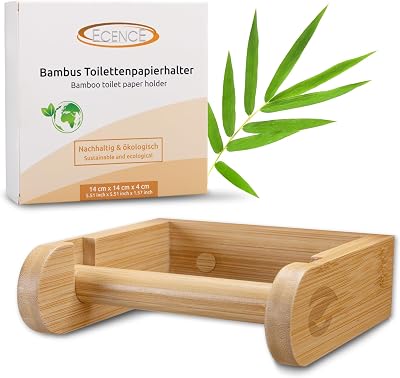 ECENCE Bamboo Wooden Toilet Roll Holder Wall Mounted No Drill Self Adhesive