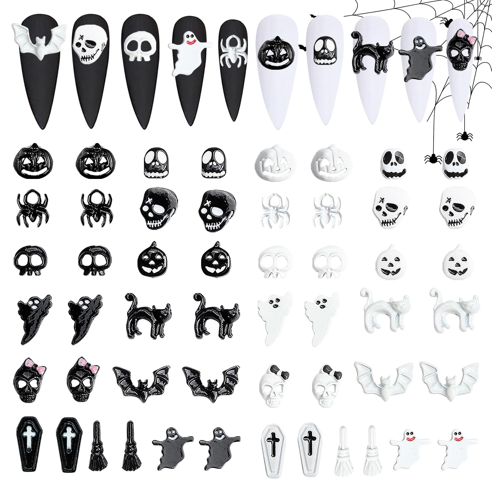 Photo 1 of 52 Pcs 3D Halloween Nail Art Charms, CYHYII Pumpkin Spider Skull Skeleton Cross Alloy Black and White Nail Art Jewelry for Women Girls Halloween Nail Decoration DIY Crafts