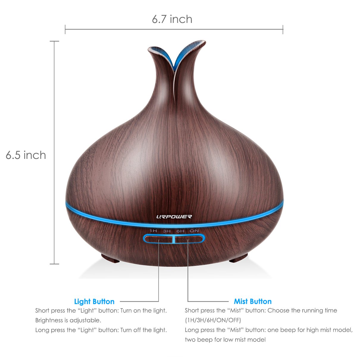 URPOWER 400ml Essential Oil Diffuser Wood Grain Diffuser with Auto Shut