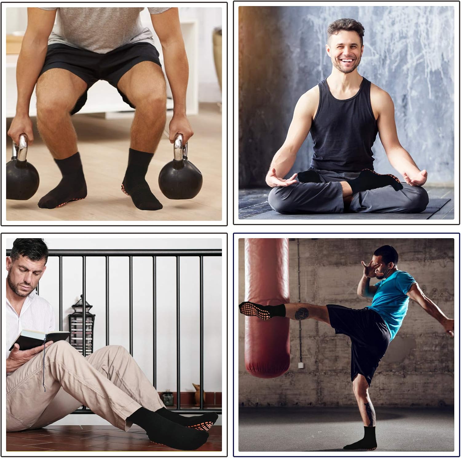 Men Anti-Skid Grips Sokcs 4 pack Yoga Barre Fitness Hospital Slipper Socks: Clothing