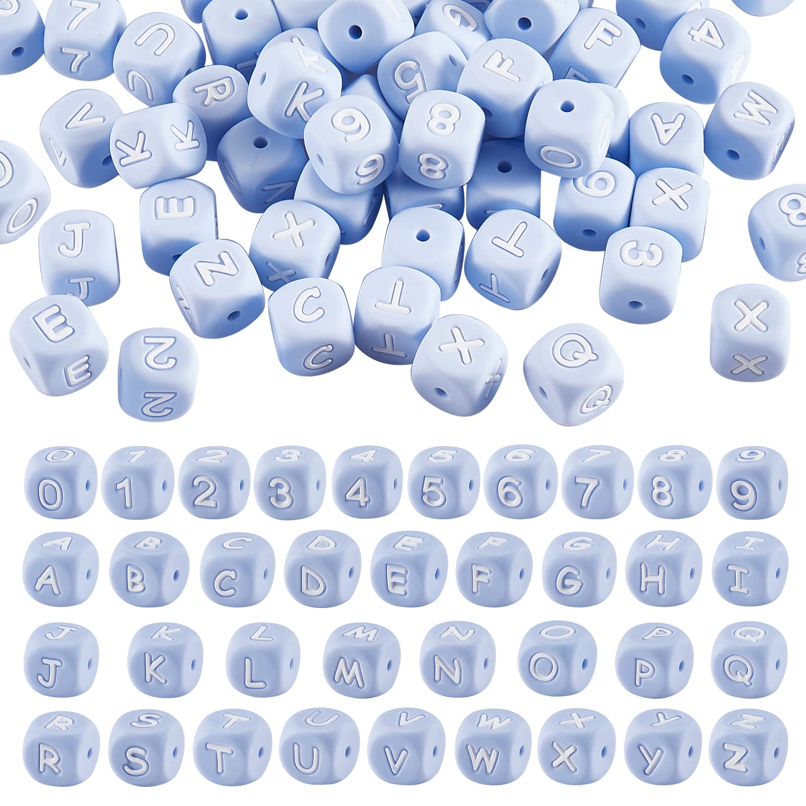 BEEFLYING 108 Pieces Blue Cube Letter Silicone Beads 0-9 Number Square Dice Initial Alphabet A~Z Large Hole Loose Spacer Beads for Bracelet Necklace Jewelry Making Decoration