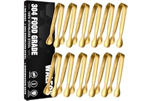 Walfos 12 Pcs Mini Gold Tongs, 4.25" Small Serving Tongs, Stainless Steel Kitchen Tongs for Appetizers, Parties Catering, Sug