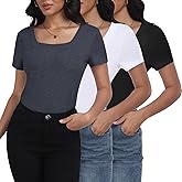 Sicnebee Women T Shirts 3 Pack Basic Womens Tops Short Sleeve Square Neck Tees for Women Casual Summer Outfits Clothes 2025