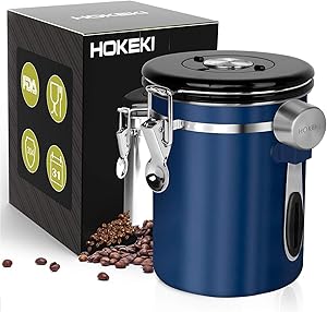 Airtight Coffee Canister, HOKEKI Stainless Steel Container for the Kitchen, Coffee Ground Vault Jar With One Way Co2 Valve And Scoop, Tea Coffee Sugar, Extra Coffee Spoon, 16 oz (Blue)
