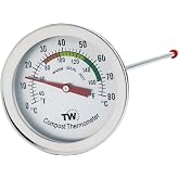 Compost Thermometer Stainless Steel Dial | 50MM Diameter C and F Dial, 295MM Probe, Ideal for Composting Soil, Compost Temperature Gauge