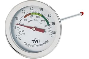 THERMOMETER WORLD Compost Thermometer Stainless Steel Dial - Ideal Composting Soil Thermometer with 50MM Diameter C and F Dial and 295MM Compost Temperature Gauge Probe
