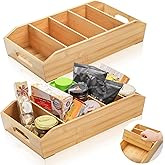 Pumtus 2 Pack Bamboo Pantry Organizers, Storage Bin with Removable Dividers, Divided Snack Oragnizer with Handle, Stackable Cabinet Basket, Drawer Caddy for Kitchen Office Packets Sauce Pouches