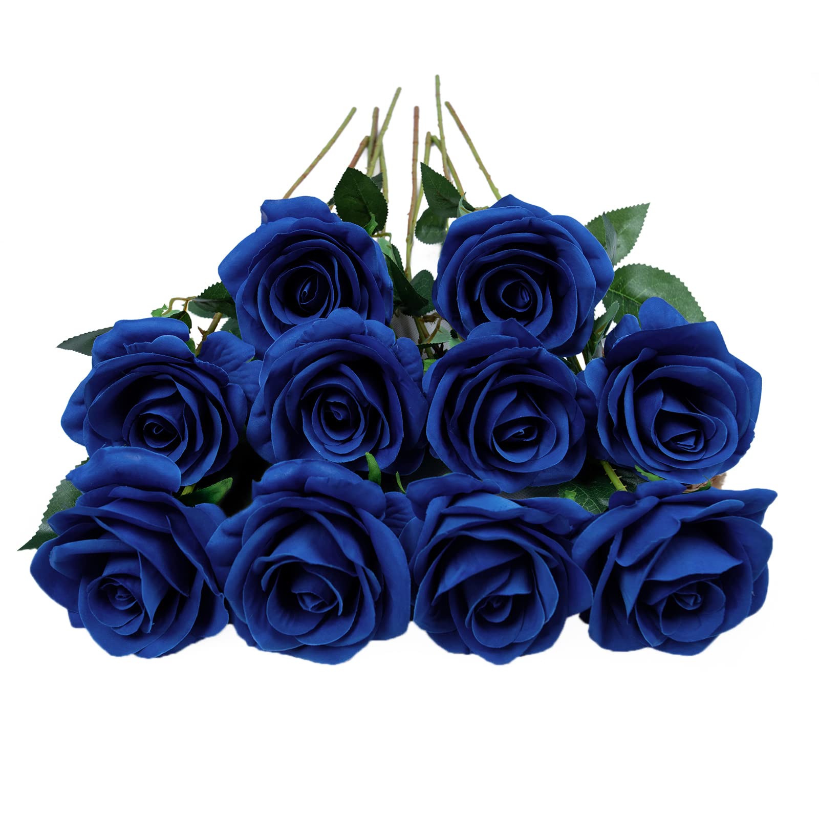 DuHouse 10Pcs Artificial Roses Fake Silk Flowers Realistic Bridal Bouquets with Single Long Plastic Stems for Arrangement Wedding Table Centerpiece Party Home Decor(Royal Blue)
