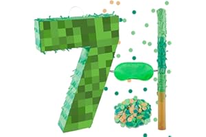 FUSTARKY 16 Inch Pixel Number 7 Pinata, Birthday Pinata with 16 Inch Piñata Stick Blindfold Confetti for Kids 7th Birthday Party Decorations(7th)