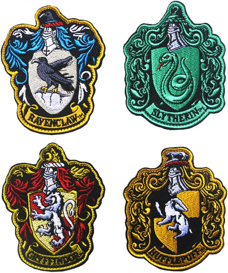 House of Gryffindor Crest, Slytherin, Ravenclaw, Huflepuff and Hogwarts Embroidered Sew On Patch Applique Logo Scarf School Emble for Coat Jacket Gear Cap Hat Backpack (Set 4)