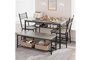 Fancihabor Dining Table Set for 4, Kitchen Table and Chairs for 4 with Wine Rack, Rectangular Dining Room Table Set with Bench, 4 Piece Dining Table Set for Small Space, Apartment, Retro Gray