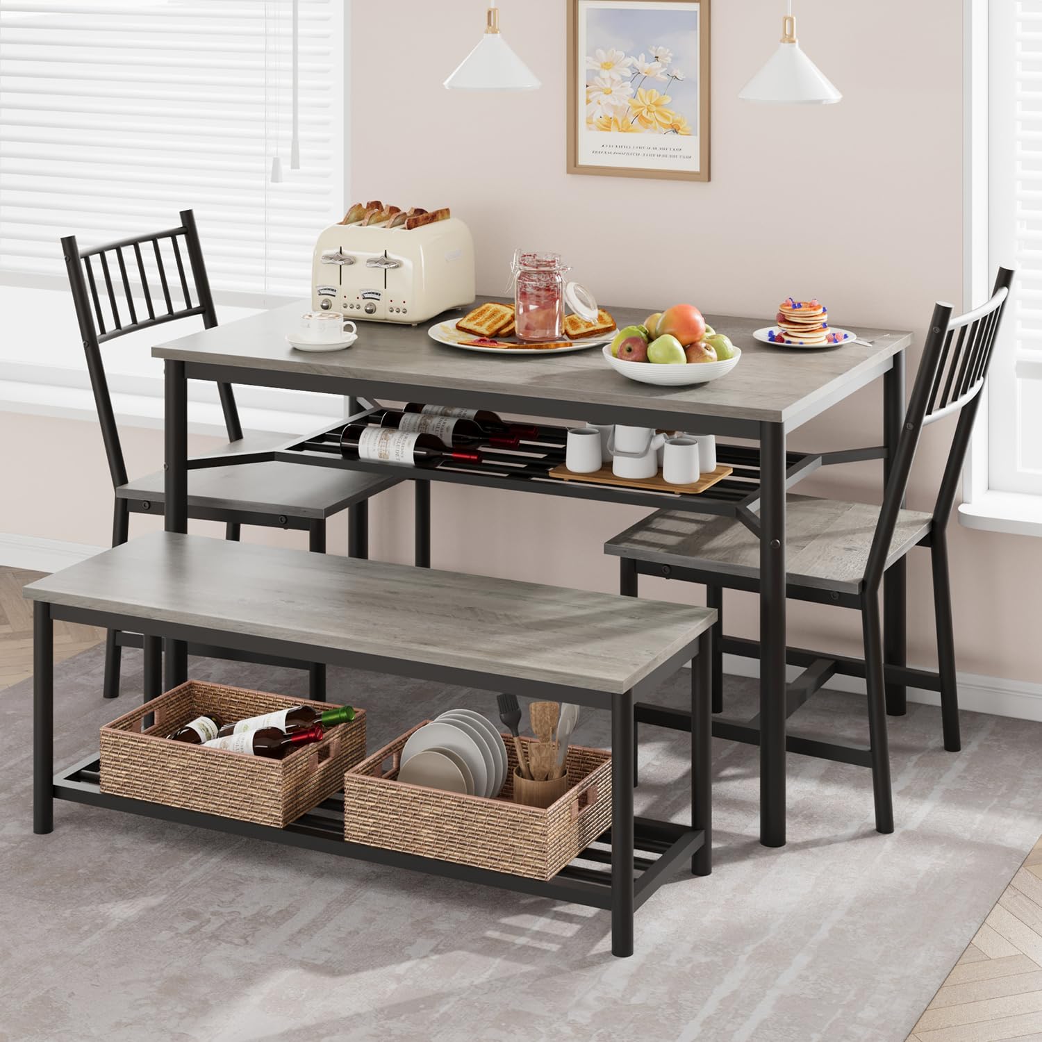 Photo 1 of Fancihabor Dining Table Set for 4, Kitchen Table and Chairs for 4 with Wine Rack, Rectangular Dining Room Table Set with Bench, 4 Piece Dining Table Set for Small Space, Apartment, Retro Gray
