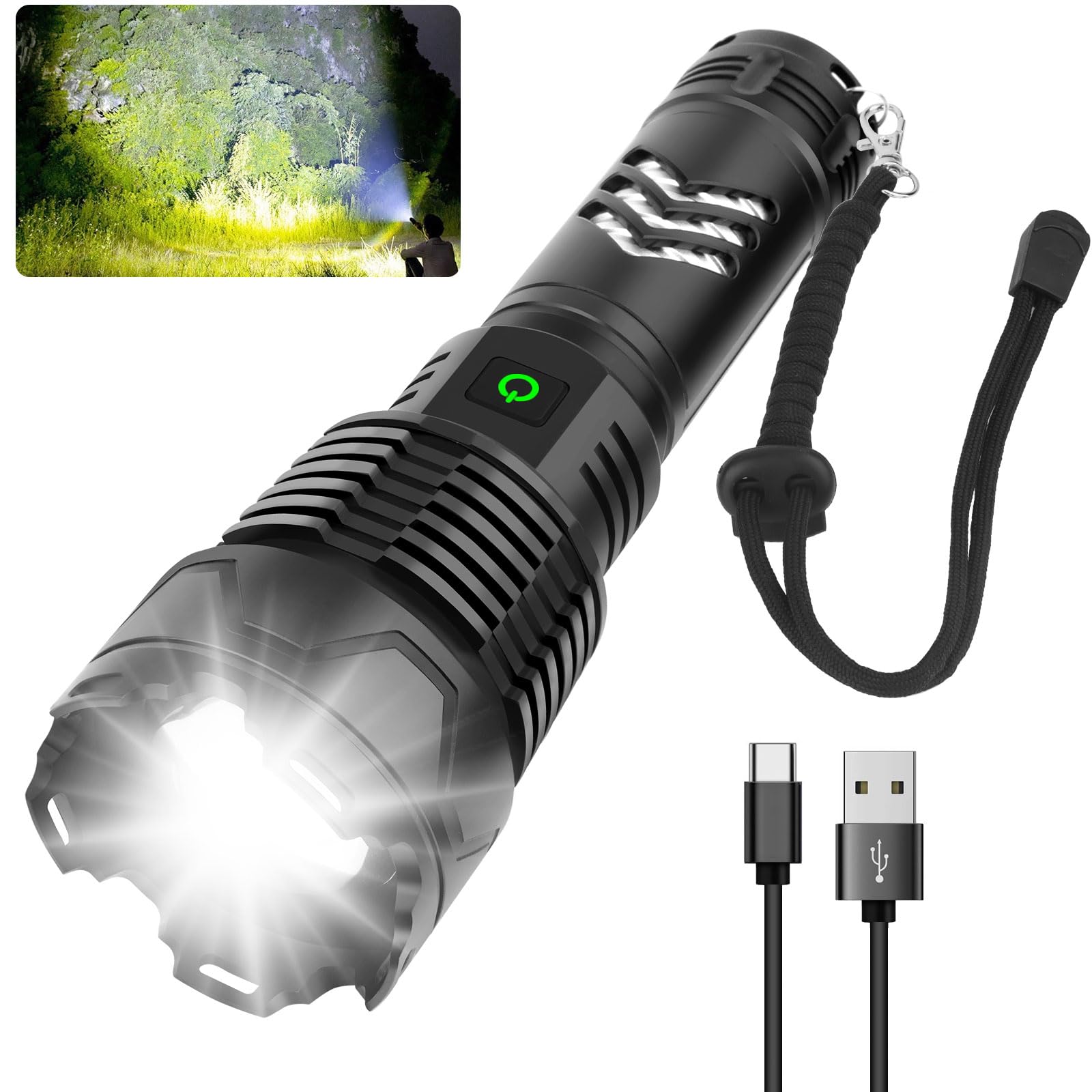 Bud K Rechargeable LED Flashlights High Lumens, 120000 Lumen Super Bright Powerful Flashlight, 5 Light Modes, Zoomable, IPX6 Waterproof Flashlights for Outdoor (Large)
