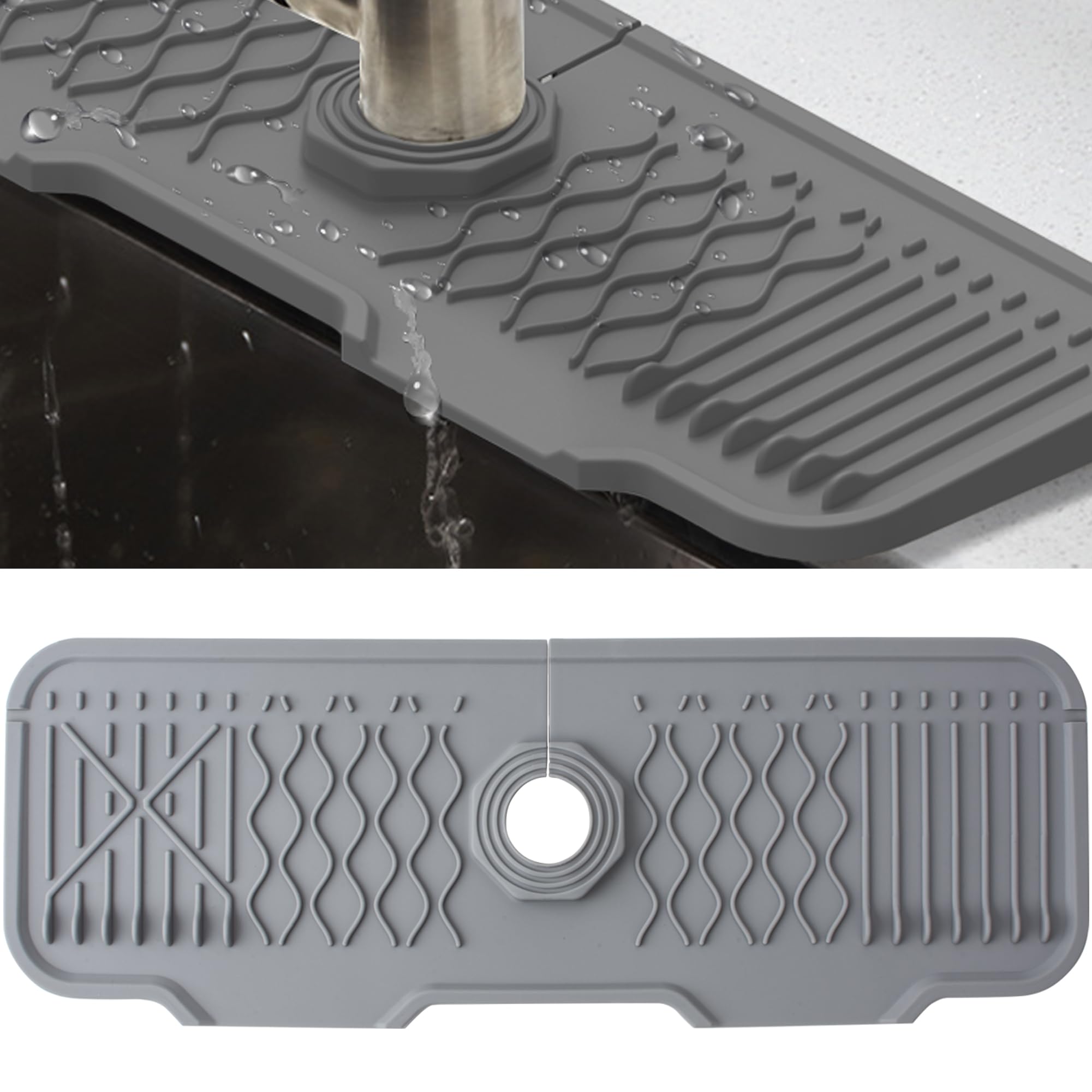 Veki Silicone Faucet Mat for Draining, Kitchen Tap Sink Splash Guard, Foldable Tap Drip Draining Holder, Faucet Handle Drip Catcher Tray for Kitchen and Bathroom Countertop Protect (43 cm, Grey)