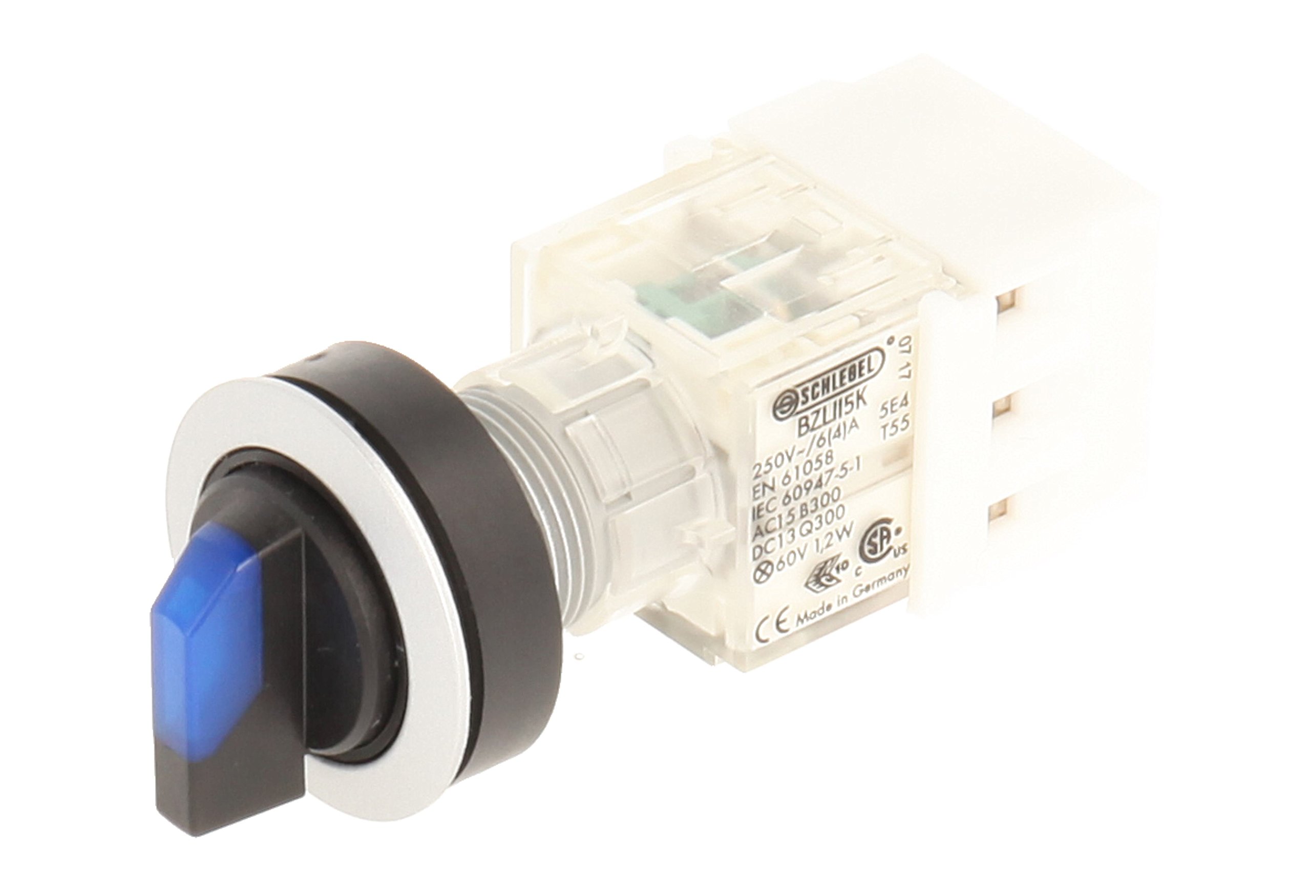 Club 23.001.217 Light Selector Latching rastend, 3 Positions Momentary Contact Sensor 2 Closers With Lamp Holder t5,5 K LED 24 V, SCREW, BLUE/SILVER