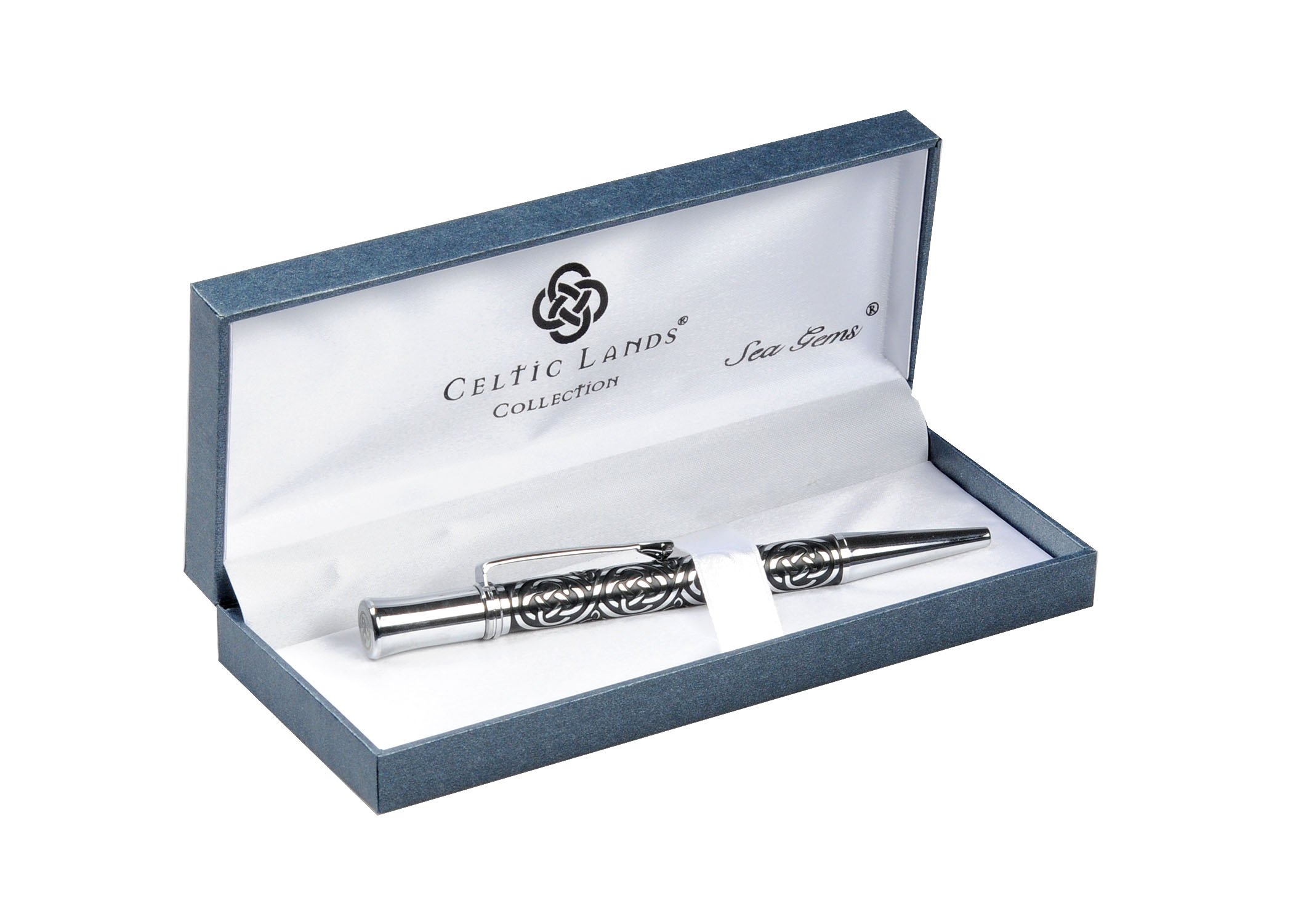 Pen in a Celtic Trinity Knot Etched Design in Black and Silver Colours