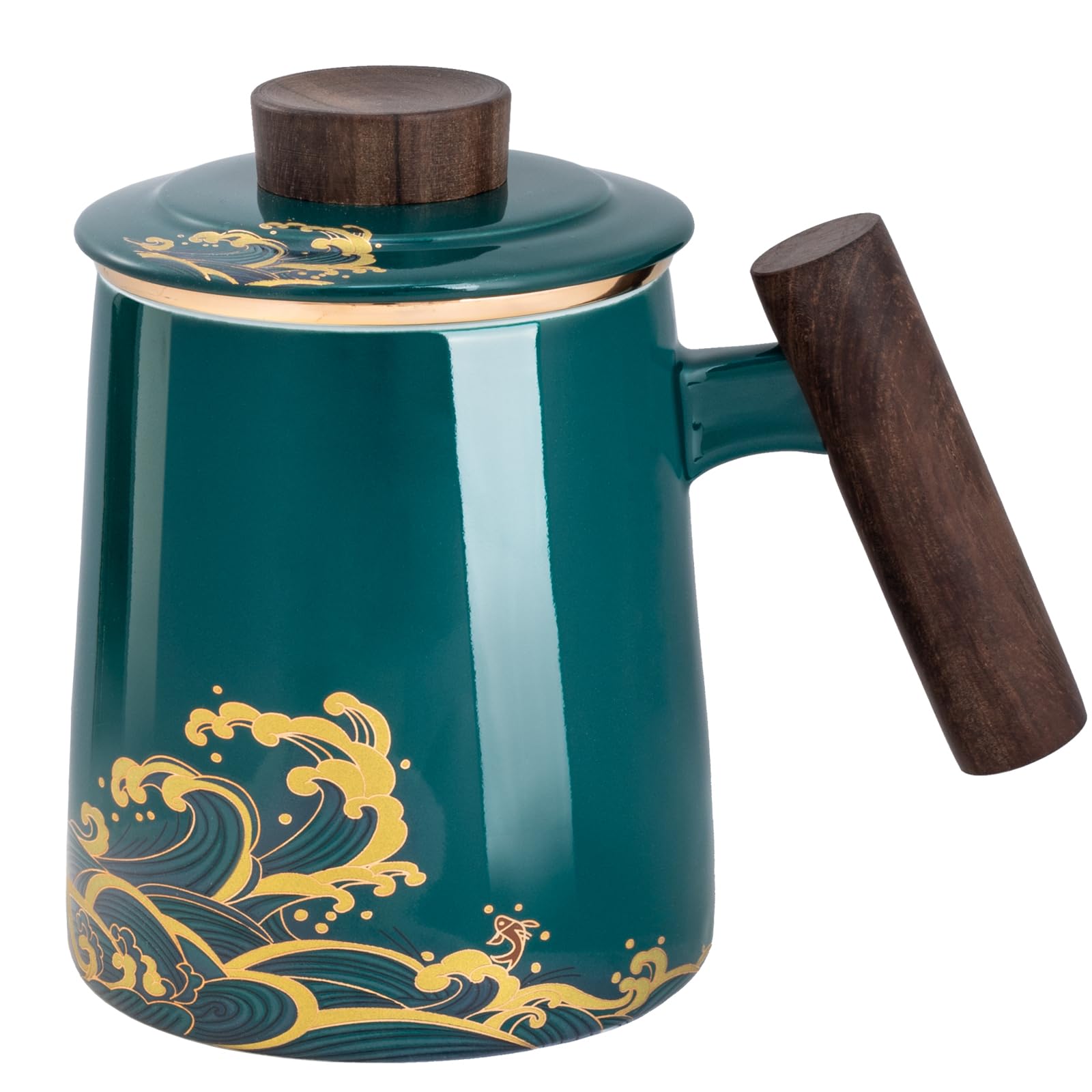 DISDADA Tea Infuser Mug with Lid, Tea Cup with Infuser, Loose Leaf Tea Ceramic Mug, for Office and Home Use Hot Iced Water Juice Beverage (Color : Dark Green Waves)